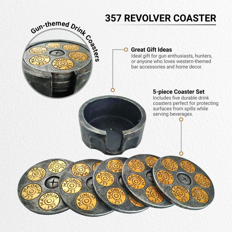 Pine Ridge 357 Revolver Coaster- 5 Piece Drink Coaster Set for Kitchen, Dining and Bar Decor - Image 3